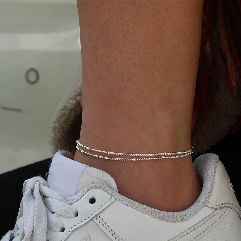 MIDEEO Gold/Silver Ankle Bracelets for Women,14K Gold Anklets for Women Waterproof Cuban Link Heart Beads Herringbone Rhinestone Anklets Set Layered Anklet Bracelets for Women Gold Jewelry Gift - Image 3
